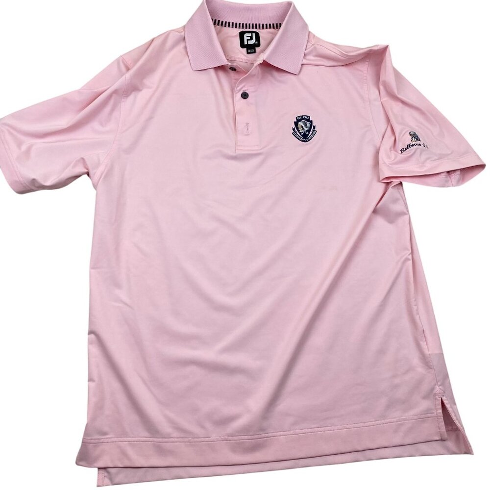 FootJoy Mens Polo Shirt Medium Pink Emblems & Logos Short Sleeve Casual Classic